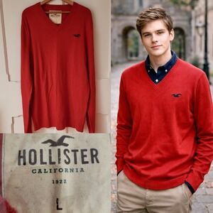 Hollister Red V-Neck Sweater Classic Cotton Knit  Size Large